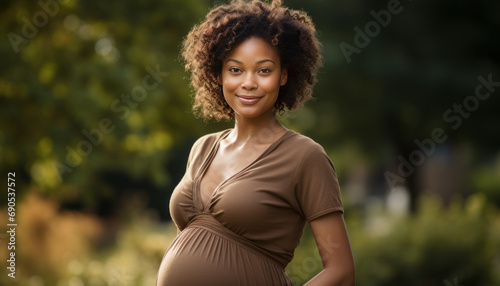 Pregnant African American, 22, in summer park, cute maternity dress, standing profile.Generative AI