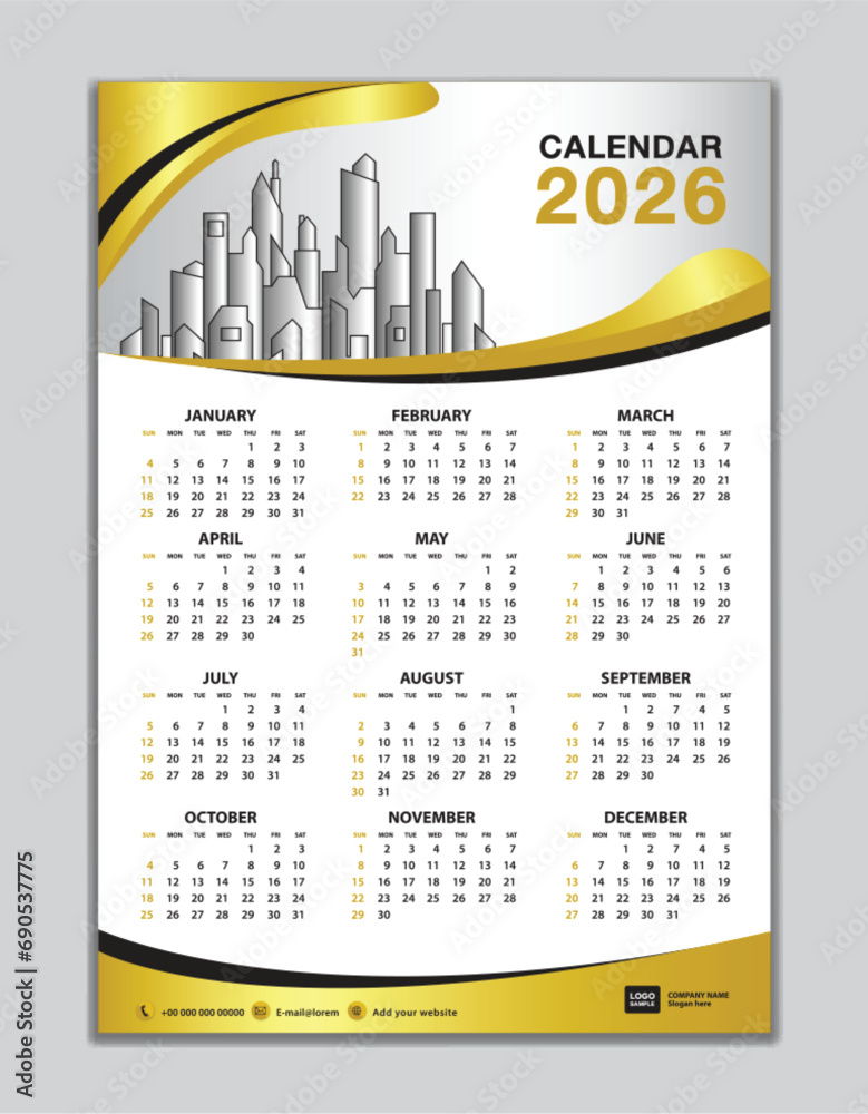 Wall calendar 2026 template, calendar 2026 design, gold wave background