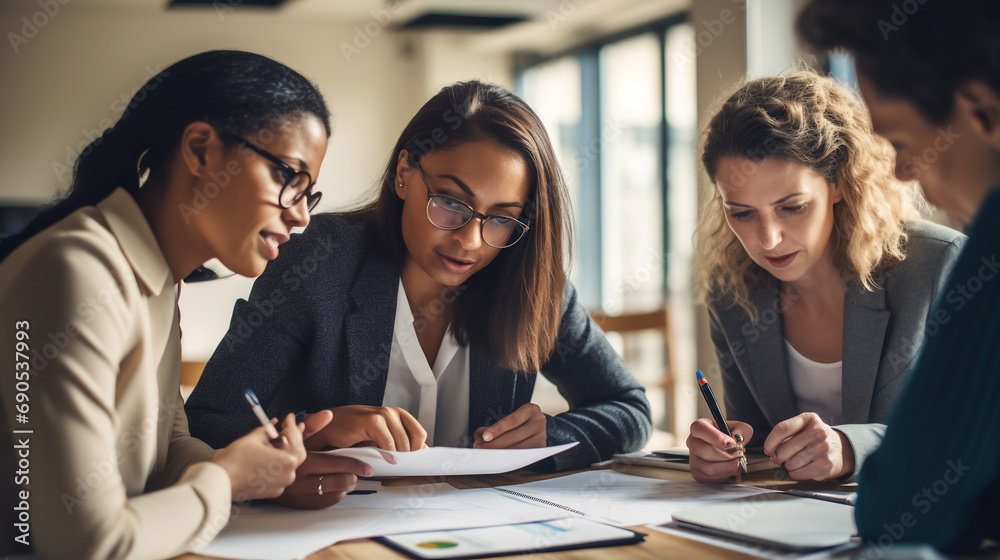 Group of business people working together at meeting table in office, young people making plans together making profit of company Group of business people working together at meeting table in office, young people making plans together making profit of company