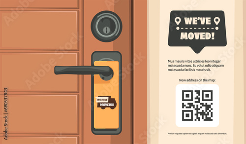 We have moved door sign. Relocation announcement label with pointing to the direction of new address, flat moving info banner. Vector illustration. Template with QR code to find map