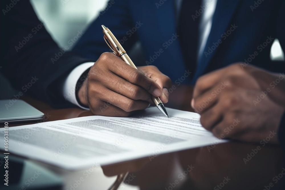 Office employee, company director writes on paper at the table. Male businessman signs a document, close-up. Concept: signing a contract, insurance, notary agreement Office employee, company director writes on paper at the table. Male businessman signs a document, close-up. Concept: signing a contract, insurance, notary agreement