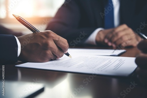 Office employee, company director writes on paper at the table. Male businessman signs a document, close-up. Concept: signing a contract, insurance, notary agreement photo