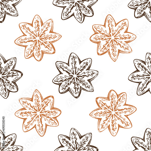 Seamless pattern of hand-drawn christmas gingersnap, traditional ginger cookies in star shape decorated with sugar icing. Sketch style. Holiday homemade treat. Vector food. Christmas dessert.