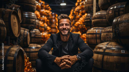 Man at warehouse of beer Brown wooden wine beer barrel stacked background.Generative AI photo