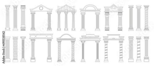 Ancient line columns. Antique doodle style roman architecture pillars with decorative elements, outline greek columns. Vector collection. Creative arch design isolated set. Old classical objects photo