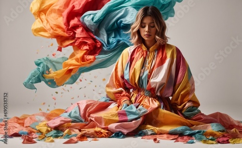 Ethereal Elegance. Colorful Smoke with Graceful Lady on White Studio Background