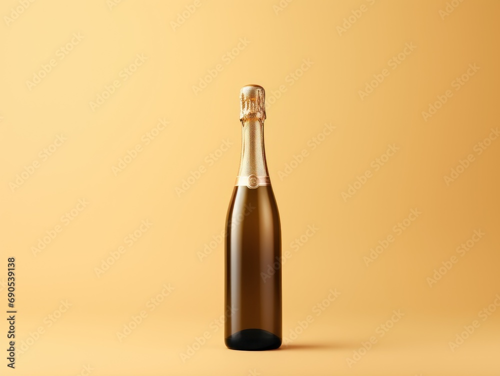Champagne bottle on a yellow beige background. Christmas mood. Champagne bottle on a yellow beige background. Christmas mood.