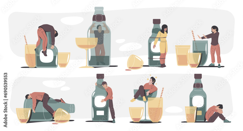 Alcohol addiction concept. Cartoon drunk people lying on floor, flat drunk people drinking beer and wine, cartoon alcoholic people with hangover. Alcoholism vector set. Characters in depression - obrazy, fototapety, plakaty 