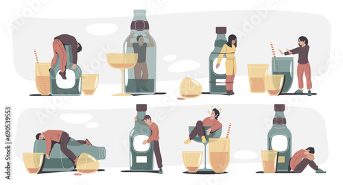 Alcohol addiction concept. Cartoon drunk people lying on floor, flat drunk people drinking beer and wine, cartoon alcoholic people with hangover. Alcoholism vector set. Characters in depression photo