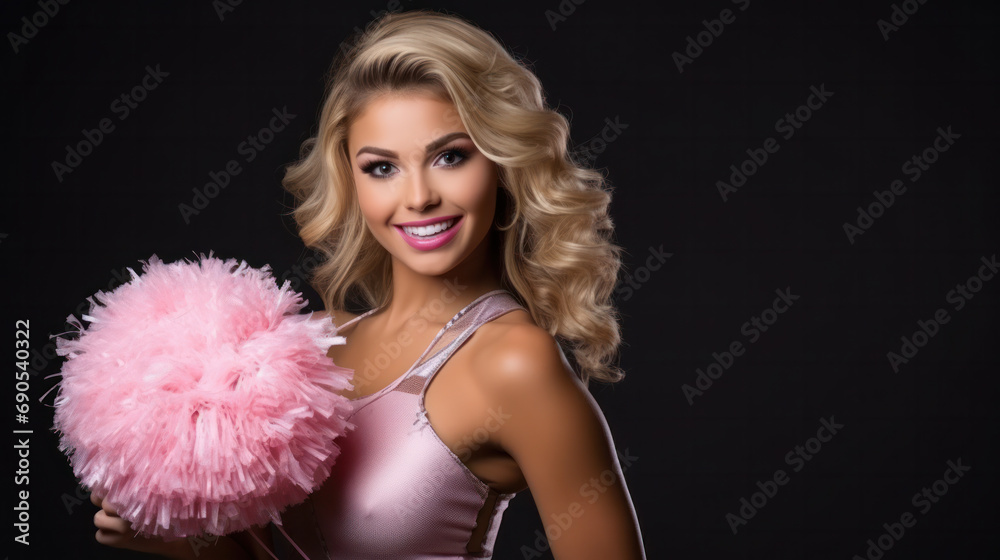 The energetic cheerleader stands with hands on her waist, holding pink pom poms. The energetic cheerleader stands with hands on her waist, holding pink pom poms.