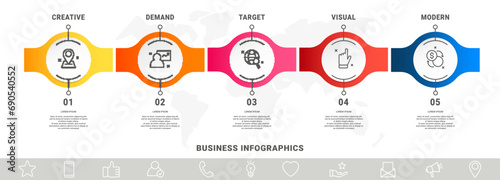 Vector infographic design template. Modern timeline concept with 5 steps, circles. Vector illustration used for diagram, workflow layout, banner, webdesign