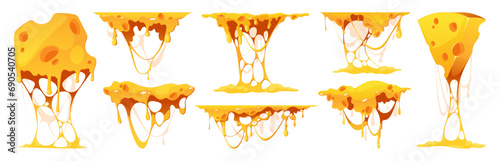 Melted cheese. Cartoon melting cheddar and mozzarella, fondue and sauce, gourmet food product stretching and flowing. Vector vegetarian food set. Ingredient for pizza and pasta meals