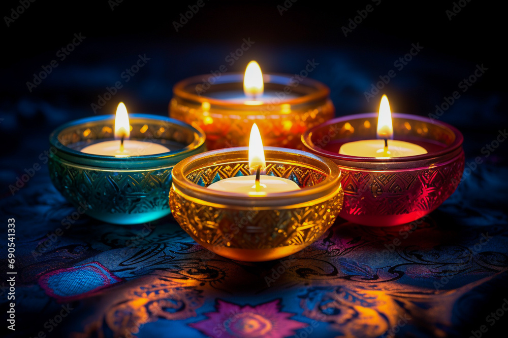 Row of tea lights, colorful candle holder. Festive display of lanterns, candlelights, on dark blurred bokeh background. Diwali, spirituality or tranquility concept. Row of tea lights, colorful candle holder. Festive display of lanterns, candlelights, on dark blurred bokeh background. Diwali, spirituality or tranquility concept.