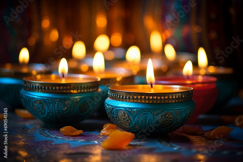 Row of tea lights  colorful candle holder. Festive display of lanterns  candlelights  on dark blurred bokeh background. Diwali  spirituality or tranquility concept.