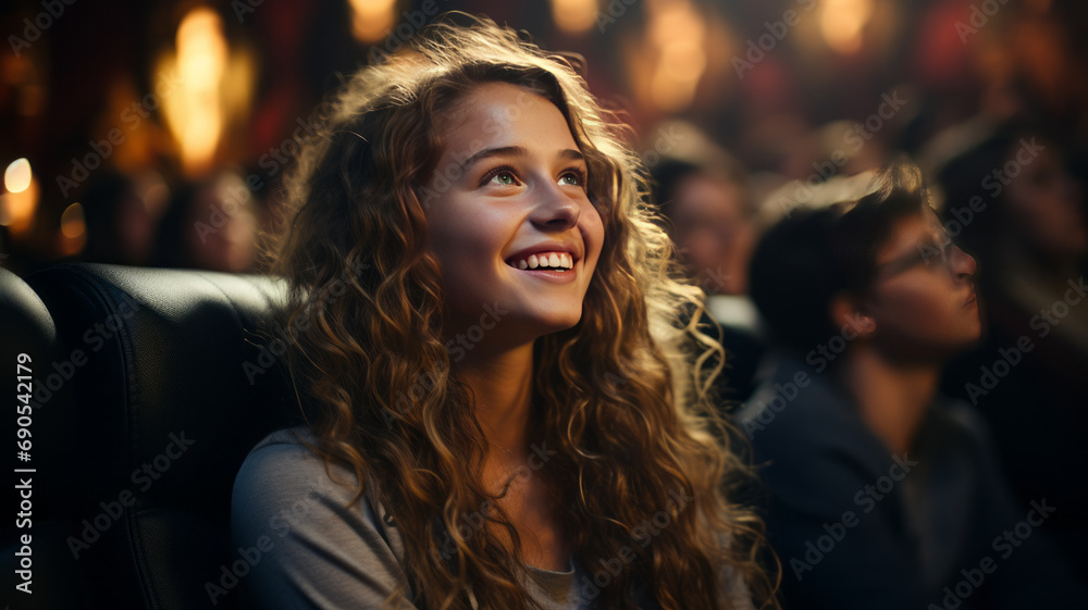 Young student person watching cinema premiere movie have fun.Generative AI. Young student person watching cinema premiere movie have fun.Generative AI.