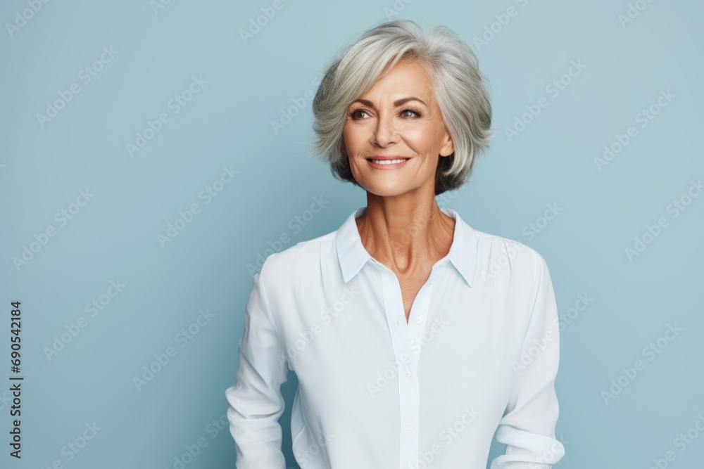 Portrait of smiling senior woman in white shirt on blue background. Portrait of smiling senior woman in white shirt on blue background.
