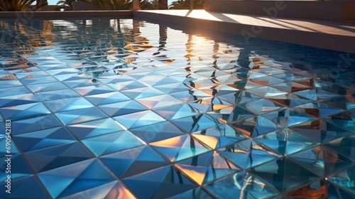 Geometric reflections: a mirrored mosaic of prismatic polygons casting ethereal shadows in a tranquil, glassy pool