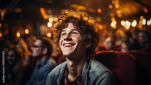 Young student person watching cinema premiere movie have fun.Generative AI. photo