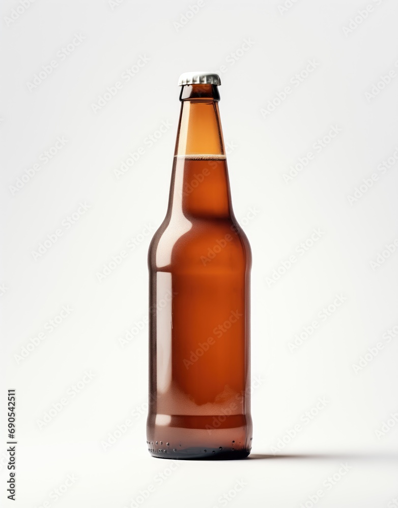 Brown beer bottle with rich color and texture, well-lit on a clean white background