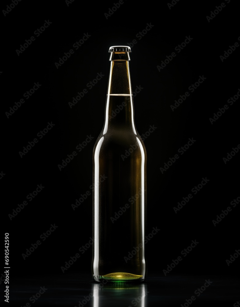 Hyper-realistic beer bottle with sharp-focus on black background. Dark maroon and light beige colors. Refreshing drink in a craft beer glass bottle Hyper-realistic beer bottle with sharp-focus on black background. Dark maroon and light beige colors. Refreshing drink in a craft beer glass bottle