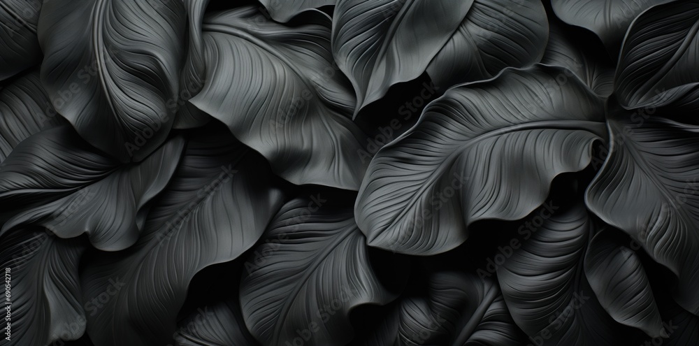 A close-up black and white image of a dark leaf with intricate veins, showcasing a detailed and highly searchable botanical pattern. The sharp focus and contrast against the black background A close-up black and white image of a dark leaf with intricate veins, showcasing a detailed and highly searchable botanical pattern. The sharp focus and contrast against the black background