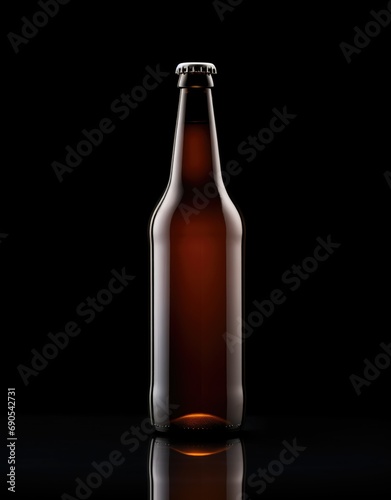 Hyper-realistic beer bottle with sleek design on a black background. Dark maroon and light beige colors adorn this sharp-focused image