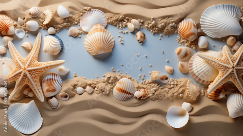 Seabed with different seashells and sea stars, top view © lisssbetha