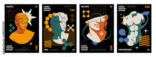 Y2k cover. Abstract modern typography banners with geometric shapes and cosmic elements. Vector 90s retro print design layout. Poster designn with ancient statues and colorful shapes set