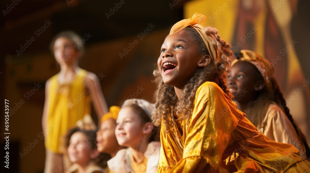 Candid shot of children performing in a community theater production, showcasing their talent and creativity. The image reflects the innocence of young performers
