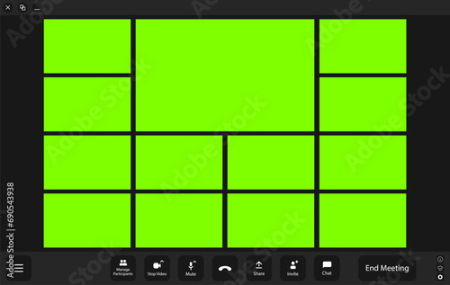 Video conference UI for phone, desktop or laptop. Video call window overlay. Chromakey windows for 13 users