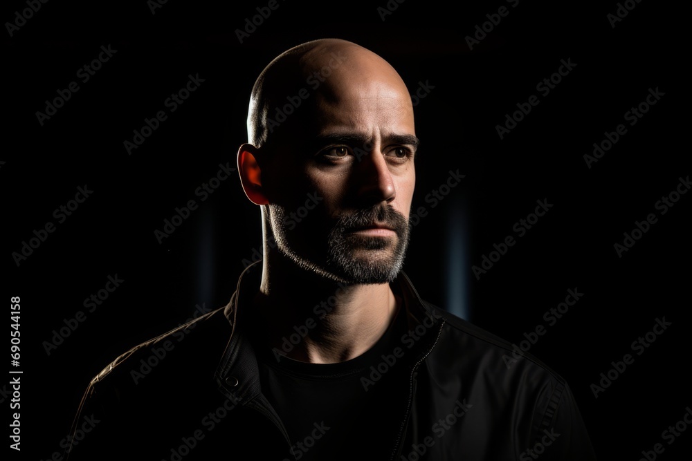 Portrait of a bald man in a black jacket on a black background Portrait of a bald man in a black jacket on a black background