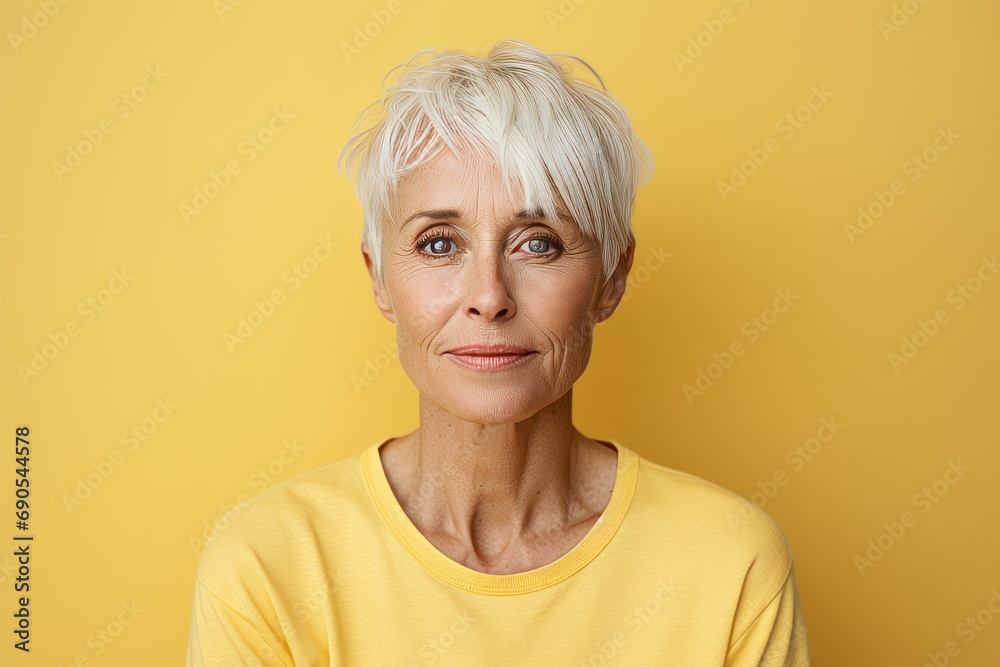 Portrait of mature woman with short hair looking at camera against yellow background Portrait of mature woman with short hair looking at camera against yellow background