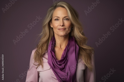 Portrait of a beautiful middle aged business woman, over purple background.