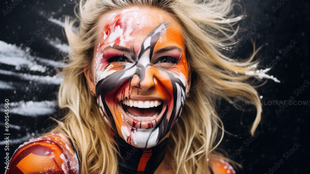 A beauty woman with the Flag of Germany painted on her face
