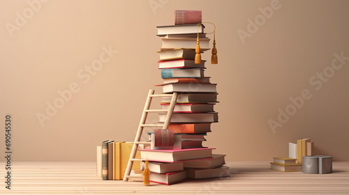 3d illustration of stacked books, a graduation cap and ladders for education day