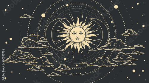 Magical celestial design template for astrology, divination, etc. Hand drawn sketch style sun face, crescent moon in retro esoteric style. Vector illustration.
