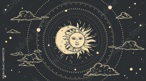 Magical celestial design template for astrology, divination, etc. Hand drawn sketch style sun face, crescent moon in retro esoteric style. Vector illustration.