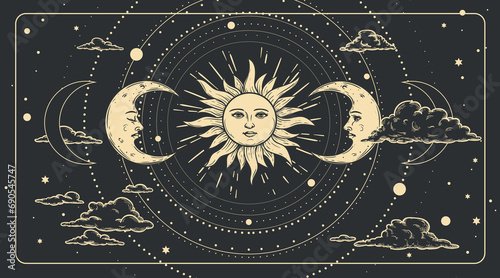 Magical celestial design template for astrology, divination, etc. Hand drawn sketch style sun face, crescent moon in retro esoteric style. Vector illustration.