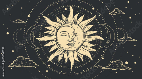 Magical celestial design template for astrology, divination, etc. Hand drawn sketch style sun face, crescent moon in retro esoteric style. Vector illustration.