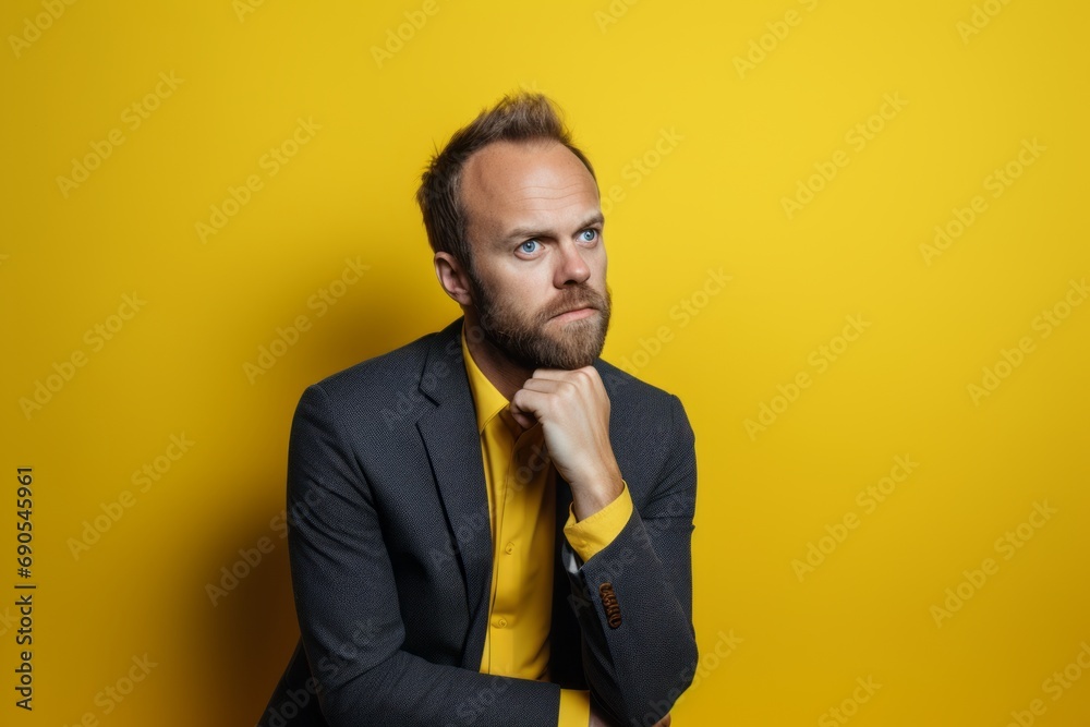 Portrait of a young bearded man in a jacket on a yellow background Portrait of a young bearded man in a jacket on a yellow background