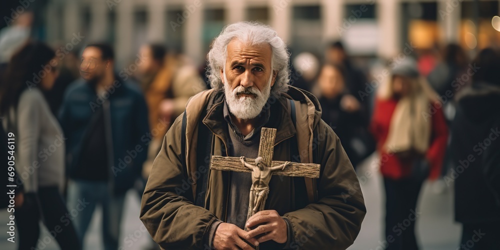 an old man walking on city street holding cross during Good Friday, Generative Ai