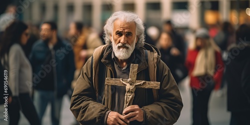 an old man walking on city street holding cross during Good Friday, Generative Ai photo