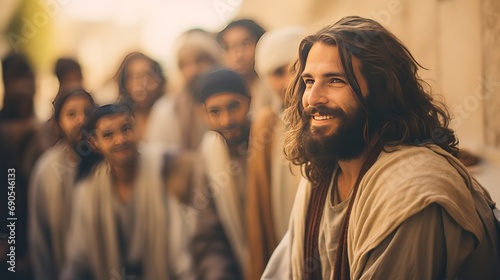 a man dress up as Jesus Christ walking in town among people, Christian and Catholic believe theme concept, Generative Ai photo