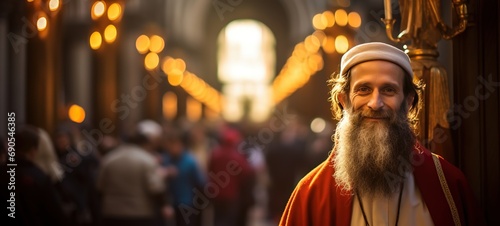 an Islamic imam in mosque with bokeh light full of people praying to Allah, Generative Ai photo
