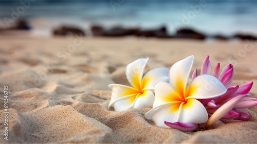 Plumeria flowers on the beach on the sand. selective focus. Generative AI,