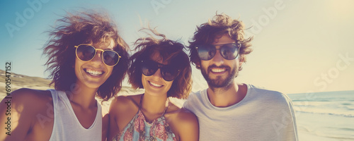 Happy group of three young people taking selfie and smiling at the camera at summer vacation close to the beach. Traveling and having fun together on summer holiday. photo