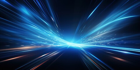 Vector Abstract, science, futuristic, energy technology concept. Digital image of light rays, stripes lines with blue light, speed and motion blur over dark blue background