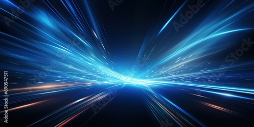 Vector Abstract, science, futuristic, energy technology concept. Digital image of light rays, stripes lines with blue light, speed and motion blur over dark blue background photo