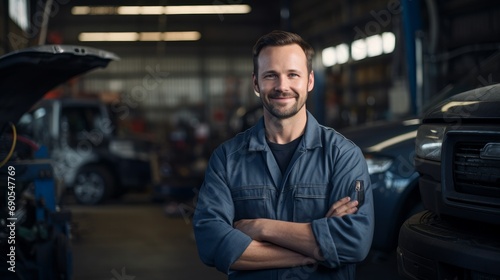 Portrait of a skilled auto mechanic smiling, with a garage and automotive tools in the background