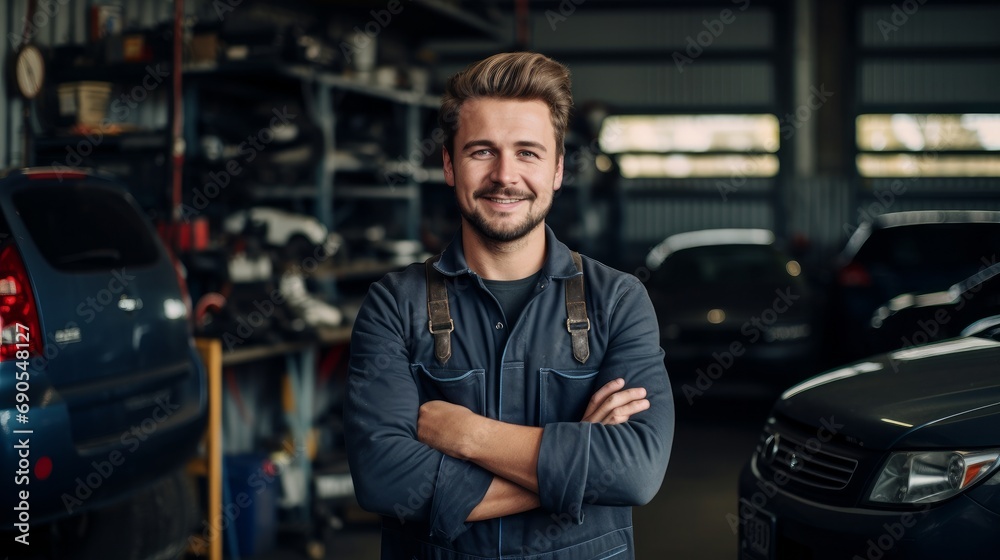 Portrait of a skilled auto mechanic smiling, with a garage and automotive tools in the background